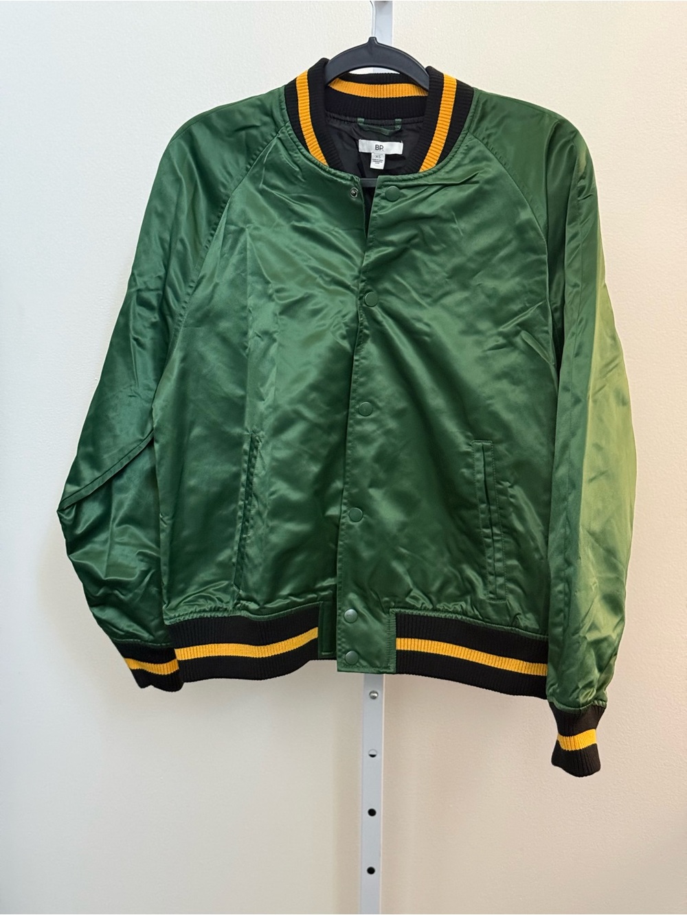 Nordstrom BP Green Satin Bomber Jacket with Black & Yellow Trim